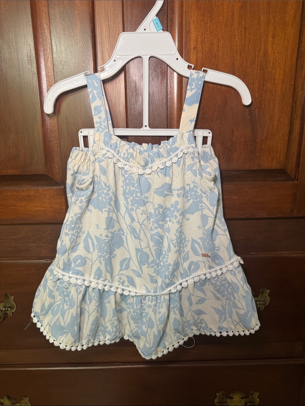 Blue & White Floral Two Piece with Pom Trim